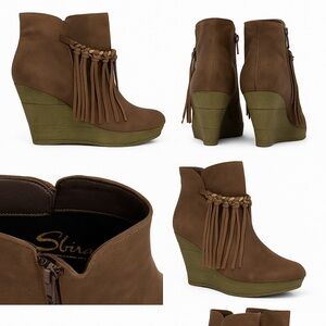 Sbira Fringe Wedge Booties | Brown Suede Ankle Boots | Boho Festival Size 7
